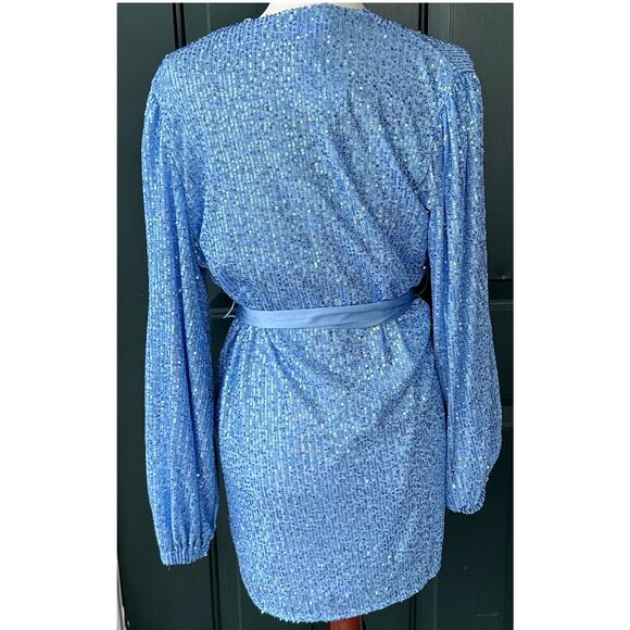 NWT Mable Baby Blue Sequin Wrap Dress Sz S Long Bell Sleeves Party Event - Picture 7 of 9